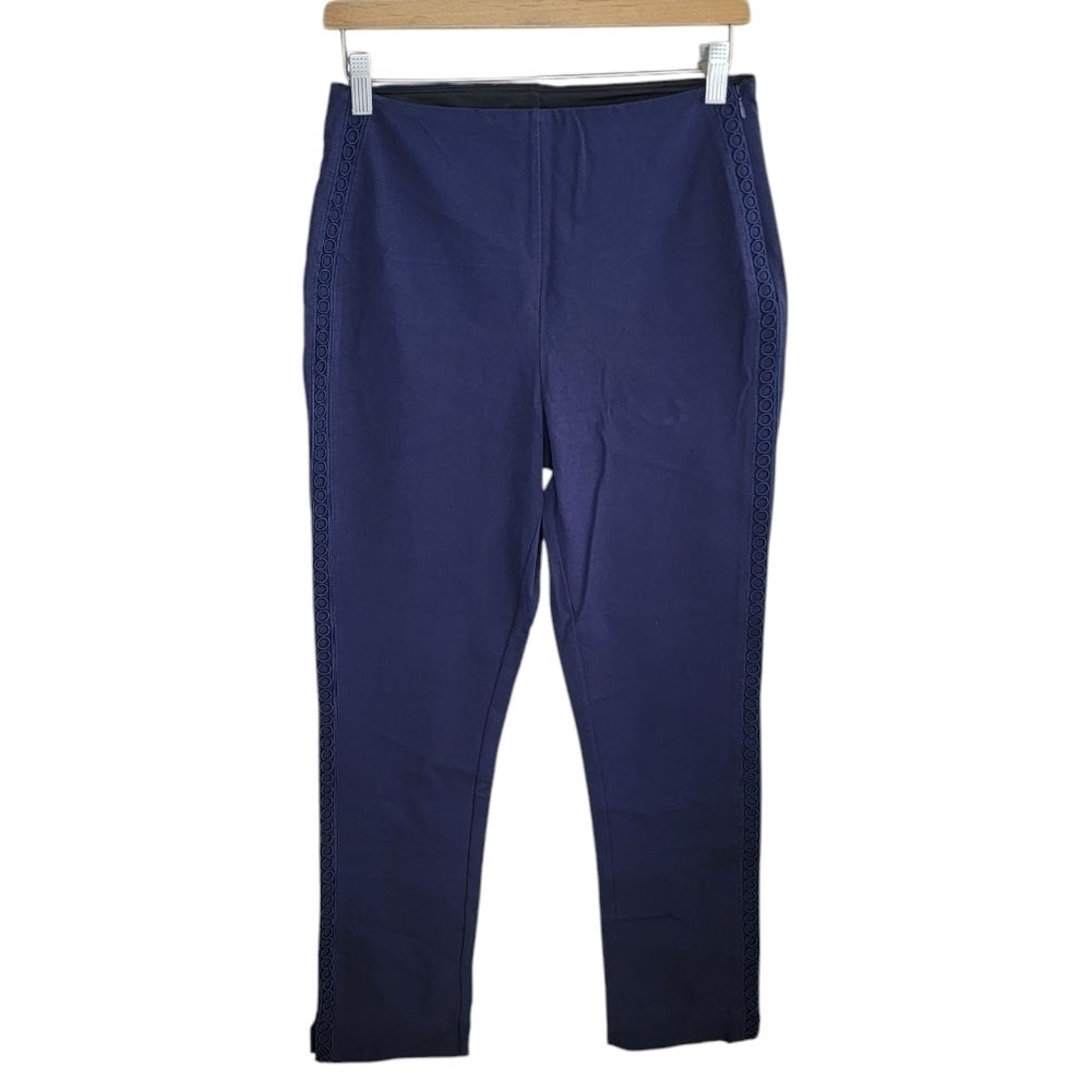 Lysse Navy Blue Slim Straight Leg Pants with Circle Detail on the Sides Medium